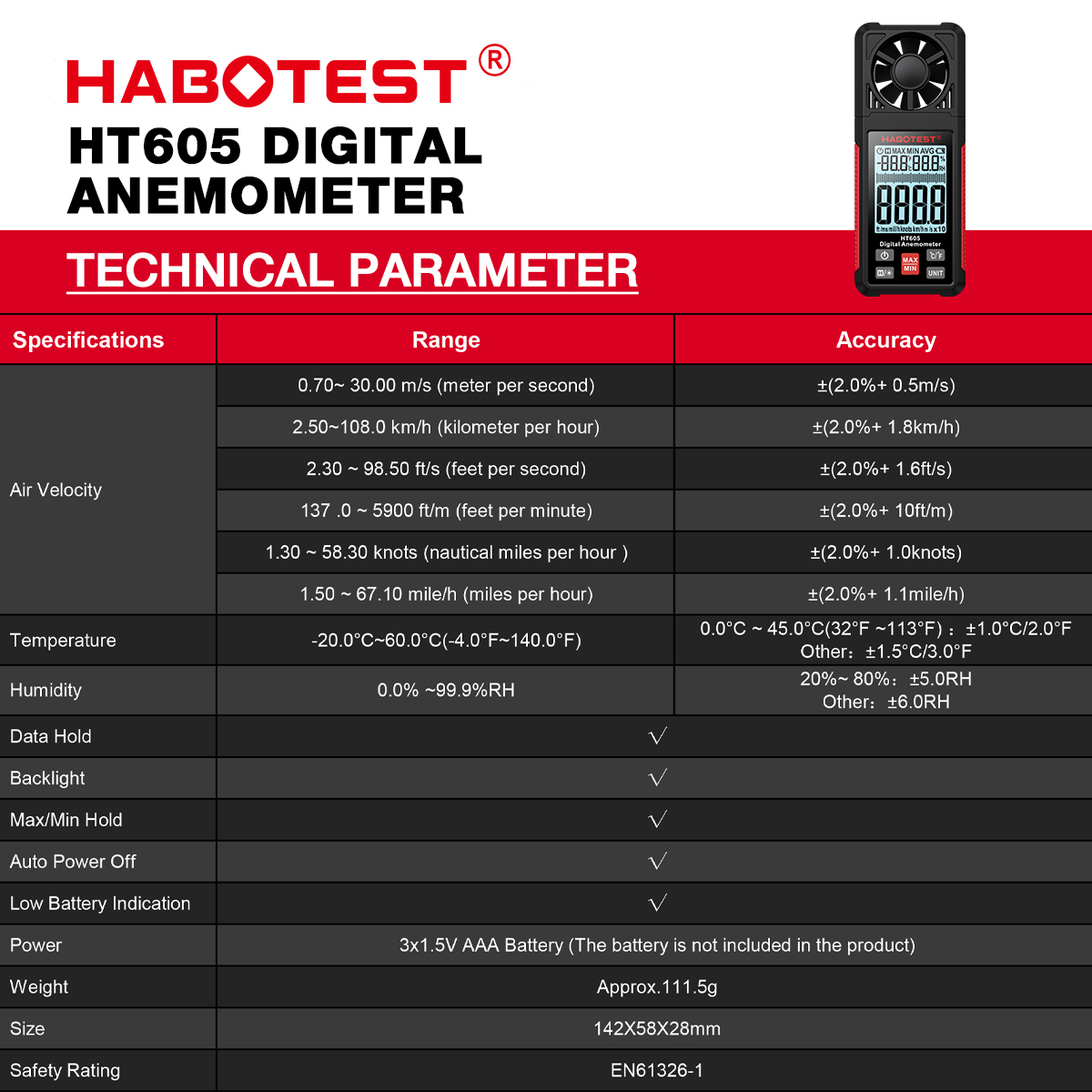 HABOTEST HT605 디지털 풍속계 휴대용 풍속  - Anemometer Digital Wind Speed 리뷰 및 가격